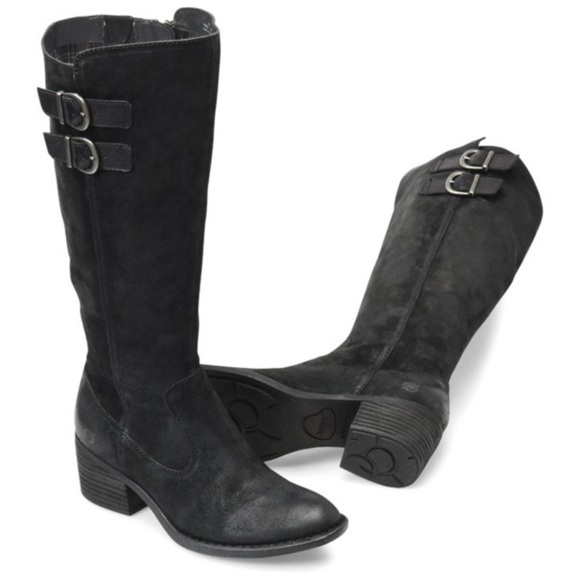 Born Basil Double Buckle Distress Black Suede Leather Heeled Riding Boot Size 8 - Picture 11 of 11